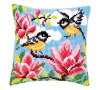 Vervaco Kreuzstich Stickpackungen Kissen Front zum Selbersticken mit Stickbild auf 100% Baumwoll Stoff und Stickgarn, Stickvorlagen 40 x 40 cm mit Anleitung, Vögel mit Blumen
