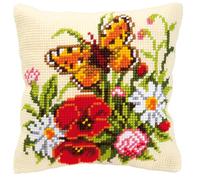 Vervaco Kreuzstich Stickpackungen Kissen Stickerei Set Anfänger Vorgedruckt Blumen mit Schmetterling DIY Set Kreativ Set Für Erwachseneca. 40 x 40 cm Bastelset Handwerker Haus Dekoration