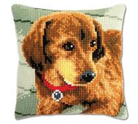 Vervaco Kreuzstich Stickpackungen Kissen Stickerei Set Anfänger Vorgedruckt Dackel DIY Set Kreativ Set Für Erwachsene Dekoratives Kissen ca. 40 x 40 cm Bastelset Handwerker Haus Dekoration