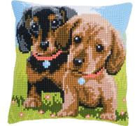 Vervaco Kreuzstich Stickpackungen Kissen Stickerei Set Anfänger Vorgedruckt Dackel DIY Set Kreativ Set Für Erwachsene Dekoratives Kissen ca. 40 x 40 cm Bastelset Handwerker Haus Dekoration