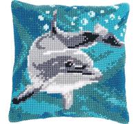 Vervaco Kreuzstich Stickpackungen Kissen Stickerei Set Anfänger Vorgedruckt Delphin DIY Set Kreativ Set Für Erwachsene Dekoratives Kissen ca. 40 x 40 cm Bastelset Handwerker Haus Dekoration