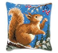 Vervaco Kreuzstich Stickpackungen Kissen Stickerei Set Anfänger Vorgedruckt Eichhörnchen im Winter DIY Set Kreativ Set Für Erwachseneca. 40 x 40 cm Bastelset Handwerker Haus Dekoration