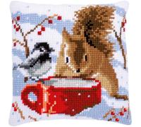 Vervaco Kreuzstich Stickpackungen Kissen Stickerei Set Anfänger Vorgedruckt Eichhörnchen & Meise DIY Set Kreativ Set Für Erwachseneca. 40 x 40 cm Bastelset Handwerker Haus Dekoration