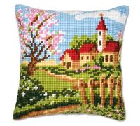 Vervaco Kreuzstich Stickpackungen Kissen Stickerei Set Anfänger Vorgedruckt Frühlingsdorf DIY Set Kreativ Set Für Erwachsene Dekoratives Kissen ca. 40 x 40 cm Bastelset Handwerker Haus Dekoration