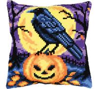 Vervaco Kreuzstich Stickpackungen Kissen Stickerei Set Anfänger Vorgedruckt HALLOWEEN-KRÄHE DIY Set Kreativ Set Für Erwachsene Dekoratives Kissen 40 x 40 cm Bastelset Handwerker Haus Dekoration