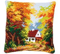 Vervaco Kreuzstich Stickpackungen Kissen Stickerei Set Anfänger Vorgedruckt Haus im Wald DIY Set Kreativ Set Für Erwachsene Dekoratives Kissen ca. 40 x 40 cm Bastelset Handwerker Haus Dekoration