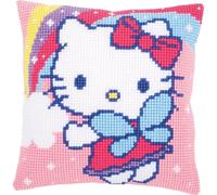 Vervaco Kreuzstich Stickpackungen Kissen Stickerei Set Anfänger Vorgedruckt Hello Kitty mit Regenbogen DIY Set Kreativ Set Für Erwachseneca. 40 x 40 cm Bastelset Handwerker Haus Dekoration