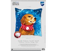 Vervaco Kreuzstich Stickpackungen Kissen Stickerei Set Anfänger Vorgedruckt Hund mit Schal DIY Set Kreativ Set Für Erwachsene Dekoratives Kissen ca. 40 x 40 cm Bastelset Handwerker Haus Dekoration