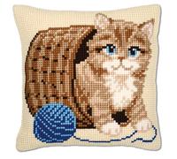 Vervaco Kreuzstich-Stickpackung Kissen Katze – vorgedruckt, Bastelset für Anfänger, ca. 40×40 cm