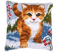 Vervaco Kreuzstich-Stickpackung Kissen Katze im Schnee – vorgedruckt, Anfänger, ca. 40 x 40 cm