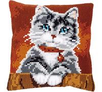 Vervaco Kreuzstich Stickpackungen Kissen Stickerei Set Anfänger Vorgedruckt Katze mit Halsband DIY Set Kreativ Set Für Erwachseneca. 40 x 40 cm Bastelset Handwerker Haus Dekoration
