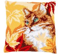 Vervaco Kreuzstich Stickpackungen Kissen Stickerei Set Anfänger Vorgedruckt Katze mit Herbstlaub DIY Set Kreativ Set Für Erwachseneca. 40 x 40 cm Bastelset Handwerker Haus Dekoration