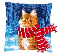 Vervaco Kreuzstich-Kissen-Set Katze mit Schal – Vorgedruckt, Anfänger, für Erwachsene, 40 x 40 cm