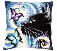 Vervaco Kreuzstich Stickpackungen Kissen Stickerei Set Anfänger Vorgedruckt Katze mit Schmetterlingen DIY Set Kreativ Set Für Erwachseneca. 40 x 40 cm Bastelset Handwerker Haus Dekoration