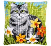 Vervaco Kreuzstich Stickpackungen Kissen Stickerei Set Anfänger Vorgedruckt Katze zwischen Blumen DIY Set Kreativ Set Für Erwachseneca. 40 x 40 cm Bastelset Handwerker Haus Dekoration