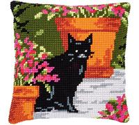 Vervaco Kreuzstich Stickpackungen Kissen Stickerei Set Anfänger Vorgedruckt Katze zwischen Blumen DIY Set Kreativ Set Für Erwachseneca. 40 x 40 cm Bastelset Handwerker Haus Dekoration