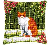Vervaco Kreuzstich Stickpackungen Kissen Stickerei Set Anfänger Vorgedruckt Katze zwischen Blumen DIY Set Kreativ Set Für Erwachseneca. 40 x 40 cm Bastelset Handwerker Haus Dekoration