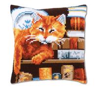 VERVACO Kreuzstich Stickpackungen Kissen Stickerei Set Anfänger Vorgedruckt Katze zwischen Büchern DIY Set Kreativ Set Für Erwachseneca. 40 x 40 cm Bastelset Handwerker Haus Dekoration