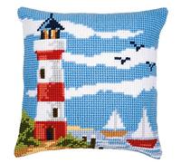 VERVACO Kreuzstich Stickpackungen Kissen Stickerei Set Anfänger Vorgedruckt Leuchtturm DIY Set Kreativ Set Für Erwachsene Dekoratives Kissen ca. 40 x 40 cm Bastelset Handwerker Haus Dekoration
