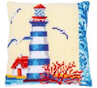 Vervaco Kreuzstich Stickpackungen Kissen Stickerei Set Anfänger Vorgedruckt Leuchtturm DIY Set Kreativ Set Für Erwachsene Dekoratives Kissen ca. 40 x 40 cm Bastelset Handwerker Haus Dekoration