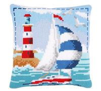 Vervaco Kreuzstich Kissen-Stickset Leuchtturm & Segelboot Vorgedruckt für Anfänger ca. 40 x 40 cm