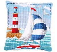 Vervaco Kreuzstich Stickpackungen Kissen Stickerei Set Anfänger Vorgedruckt Leuchtturm & Segelboot DIY Set Kreativ Set Für Erwachseneca. 40 x 40 cm Bastelset Handwerker Haus Dekoration
