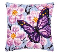 Vervaco Kreuzstich Stickpackungen Kissen Stickerei Set Anfänger Vorgedruckt Lila Schmetterling DIY Set Kreativ Set Für Erwachseneca. 40 x 40 cm Bastelset Handwerker Haus Dekoration