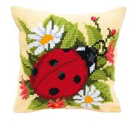 Vervaco Kreuzstich Stickpackungen Kissen Stickerei Set Anfänger Vorgedruckt Marienkäfer DIY Set Kreativ Set Für Erwachsene Dekoratives Kissen ca. 40 x 40 cm Bastelset Handwerker Haus Dekoration