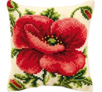 Vervaco Kreuzstich Stickpackungen Kissen Stickerei Set Anfänger Vorgedruckt Mohnblume DIY Set Kreativ Set Für Erwachsene Dekoratives Kissen ca. 40 x 40 cm Bastelset Handwerker Haus Dekoration
