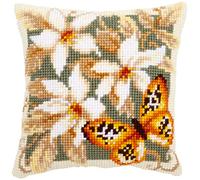 VERVACO Kreuzstich Stickpackungen Kissen Stickerei Set Anfänger Vorgedruckt OrangefarbeneSchmetterling DIY Set Kreativ Set Für Erwachseneca. 40 x 40 cm Bastelset Handwerker Haus Dekoration