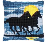 Vervaco Kreuzstich Stickpackungen Kissen Stickerei Set Anfänger Vorgedruckt Pferde im Mondlicht DIY Set Kreativ Set Für Erwachseneca. 40 x 40 cm Bastelset Handwerker Haus Dekoration