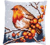 Vervaco Kreuzstich Stickpackungen Kissen Stickerei Set Anfänger Vorgedruckt Rotkehlchen DIY Set Kreativ Set Für Erwachsene Dekoratives Kissen ca. 40 x 40 cm Bastelset Handwerker Haus Dekoration