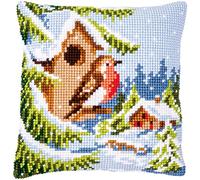 VERVACO Kreuzstich Stickpackungen Kissen Stickerei Set Anfänger Vorgedruckt Rotkehlchen im Winter DIY Set Kreativ Set Für Erwachseneca. 40 x 40 cm Bastelset Handwerker Haus Dekoration