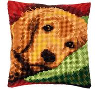 Vervaco Kreuzstich Stickpackungen Kissen Stickerei Set Anfänger Vorgedruckt Schläfriger kleiner Hund DIY Set Kreativ Set Für Erwachseneca. 40 x 40 cm Bastelset Handwerker Haus Dekoration