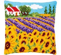 Vervaco Kreuzstich Stickpackungen Kissen Stickerei Set Anfänger Vorgedruckt Sonnenblumenfeld DIY Set Kreativ Set Für Erwachsene Dekoratives Kissen ca. 40 x 40 cm Bastelset Handwerker Haus Dekoration