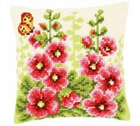 VERVACO Kreuzstich Stickpackungen Kissen Stickerei Set Anfänger Vorgedruckt Stockrosen DIY Set Kreativ Set Für Erwachsene Dekoratives Kissen ca. 40 x 40 cm Bastelset Handwerker Haus Dekoration