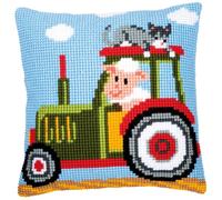 Vervaco Kreuzstich Stickpackungen Kissen Stickerei Set Anfänger Vorgedruckt Traktor DIY Set Kreativ Set Für Erwachsene Dekoratives Kissen ca. 40 x 40 cm Bastelset Handwerker Haus Dekoration
