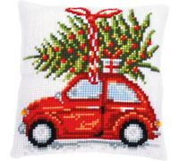 Vervaco Kreuzstich Stickpackungen Kissen Stickerei Set Anfänger Vorgedruckt Weihnachtsauto DIY Set Kreativ Set Für Erwachsene Dekoratives Kissen ca. 40 x 40 cm Bastelset Handwerker Haus Dekoration