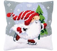 Vervaco Kreuzstich Stickpackungen Kissen Stickerei Set Anfänger Vorgedruckt Weihnachtsgnom auf Eis DIY Set Kreativ Set Für Erwachseneca. 40 x 40 cm Bastelset Handwerker Haus Dekoration