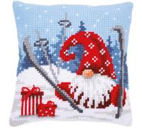 Vervaco Kreuzstich Stickpackungen Kissen Stickerei Set Anfänger Vorgedruckt Weihnachtsgnom auf Ski DIY Set Kreativ Set Für Erwachseneca. 40 x 40 cm Bastelset Handwerker Haus Dekoration