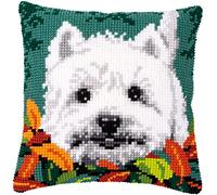 Vervaco Kreuzstich Stickpackungen Kissen Stickerei Set Anfänger Vorgedruckt Westie zwischen Blättern DIY Set Kreativ Set Für Erwachseneca. 40 x 40 cm Bastelset Handwerker Haus Dekoration
