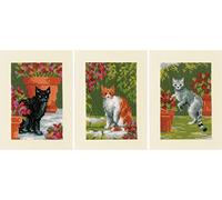 Vervaco Lesezeichen Kreuzstich Stickpackungen Gezählter Kreuzstich Katzen zwischen Blumen 3er DIY Postkarten Erwachsene Sticken Bastelset ca. 10,5 x 15 cm Stickset für Anfänger Kreatives Geschenk