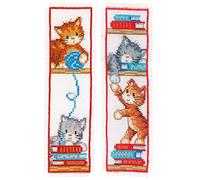 Vervaco Lesezeichen Kreuzstich Stickpackungen Gezählter Kreuzstich Verspielte Kätzchen 2er DIY Set Erwachsene Sticken Lesen Zubehör Geschenk Zählmusterpackung ca. 6 x 20 cm Stickset für Anfänger