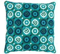 Vervaco Stickpackung Kissen Langstich Set KRINGEL IN BLAU-TÜRKIES Stickerei Set Anfänger Basteln Erwachsene Kreativ Set ca. 40 x 40 cm Bastelset Handwerker Handarbeit Zubehör Geschenkset