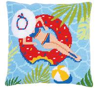 Vervaco Stickpackung Kissen Langstich Set SCHWIMMBAD Schräger Spannstich Stickerei Set Anfänger Basteln Erwachsene Kreativ Set ca. 40 x 40 cm Bastelset Handwerker Handarbeit Zubehör Geschenkset
