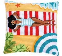 Vervaco Stickpackung Kissen Langstich Set STRAND Schräger Spannstich Stickerei Set Anfänger Basteln Erwachsene Kreativ Set ca. 40 x 40 cm Bastelset Handwerker Handarbeit Zubehör Geschenkset