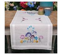 Vervaco Stickpackung Kreuzstich Set Vorgedruckt Tischläufer Allium in Blau und Lila Stickdecken Vorgezeichnet DIY Basteln Kreativ Stickläufer zum Selbersticken 40 x 100 cm Stickset