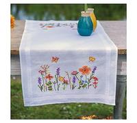 Vervaco Stickpackung Kreuzstich Set Vorgedruckt Tischläufer Lavendel und Feldblumen Stickdecken Vorgezeichnet DIY Basteln Kreativ Stickläufer zum Selbersticken 40 x 100 cm Stickset