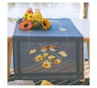 VERVACO Stickpackung Kreuzstich Set Vorgedruckt Tischläufer ROTKEHLCHEN UND GELBE BLUMEN Stickdecken Vorgezeichnet DIY Basteln Erwachsene Kreativ Stickläufer zum Selbersticken 40 x 100 cm Stickset