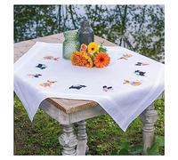 Vervaco Stickpackung Tischdecke Sticken Set Erwachsene Vorgedruckt Hündchen Stickdecken Vorgezeichnet Decke Sticken Stickpackung Plattstich 80 x 80 cm Stoff zum Sticken Kreatives Geschenk